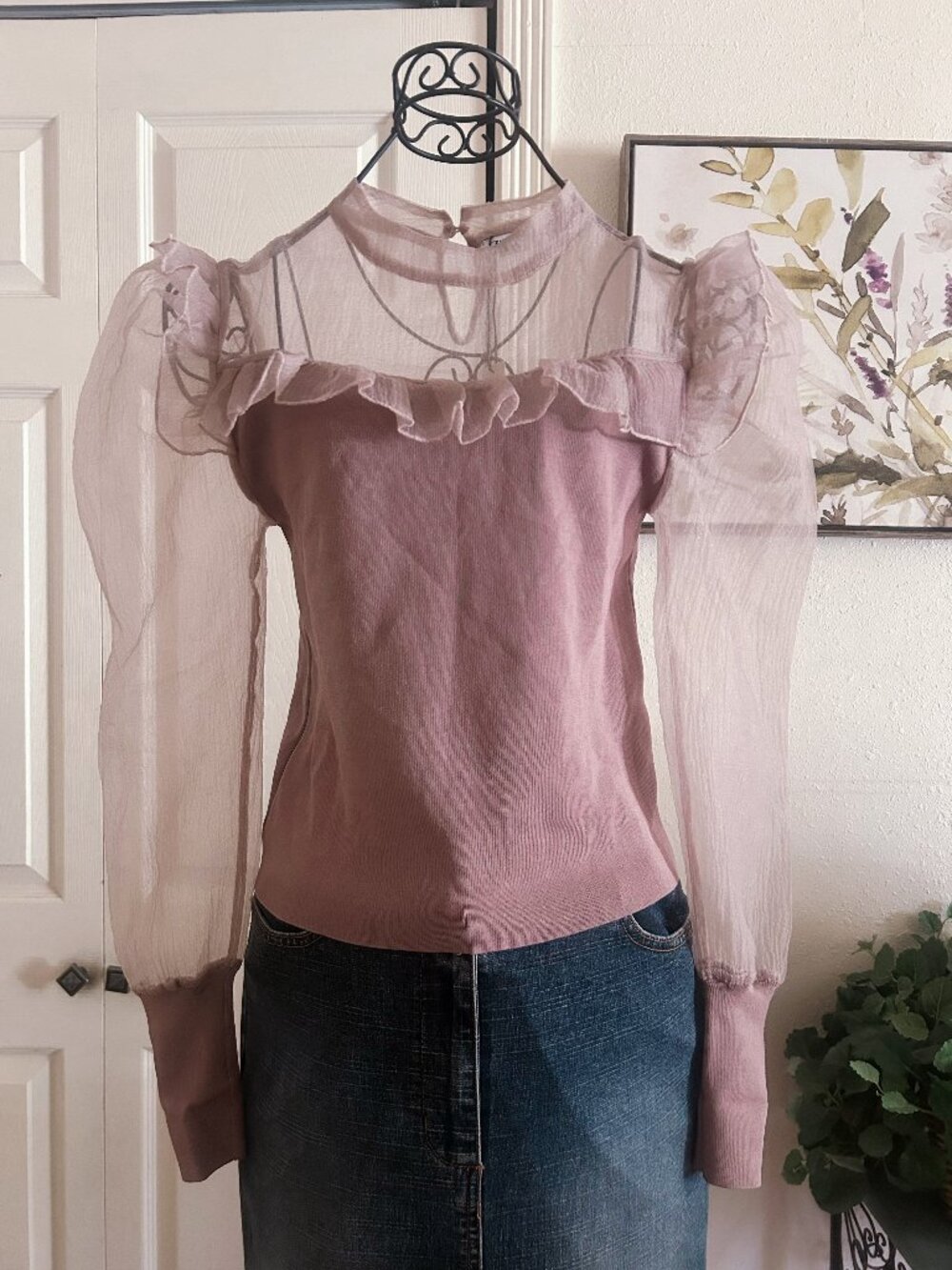 Zara Lavender Pink Sheer Ruffle Yoke Puff Sleeve Top
